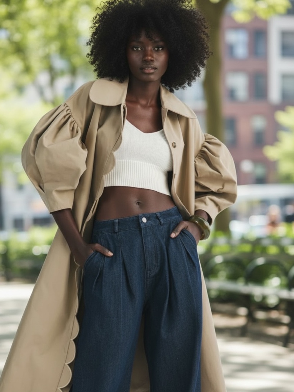 Scallop Detailed Balloon Sleeve Trench Coat / Rain Coat, Khaki  Sz: S/M & M/L